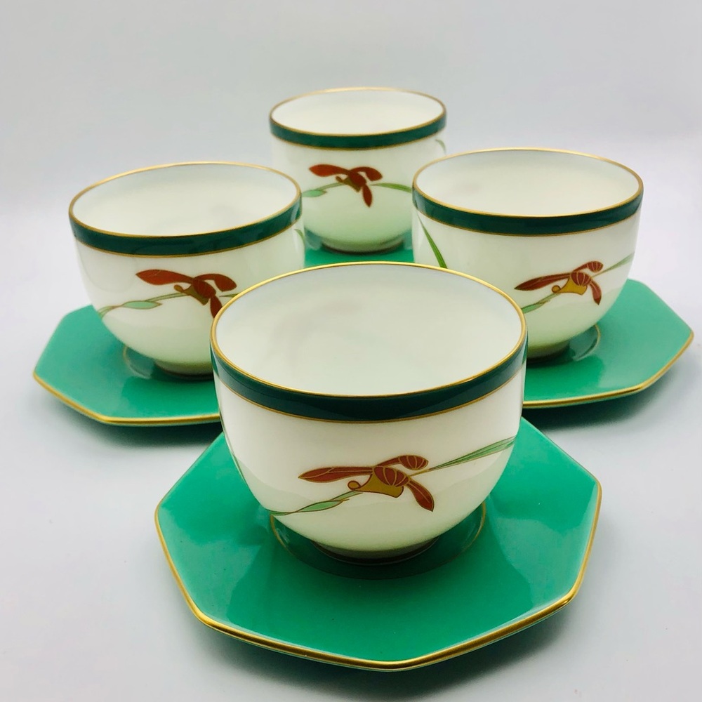 4 Koransha Tea Cups with Orchid Leaf & Gold Trim  Made in Japan